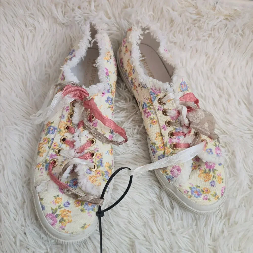 Superga X LoveShackFancy Cream Floral Coquette Canvas Fringe Sneakers